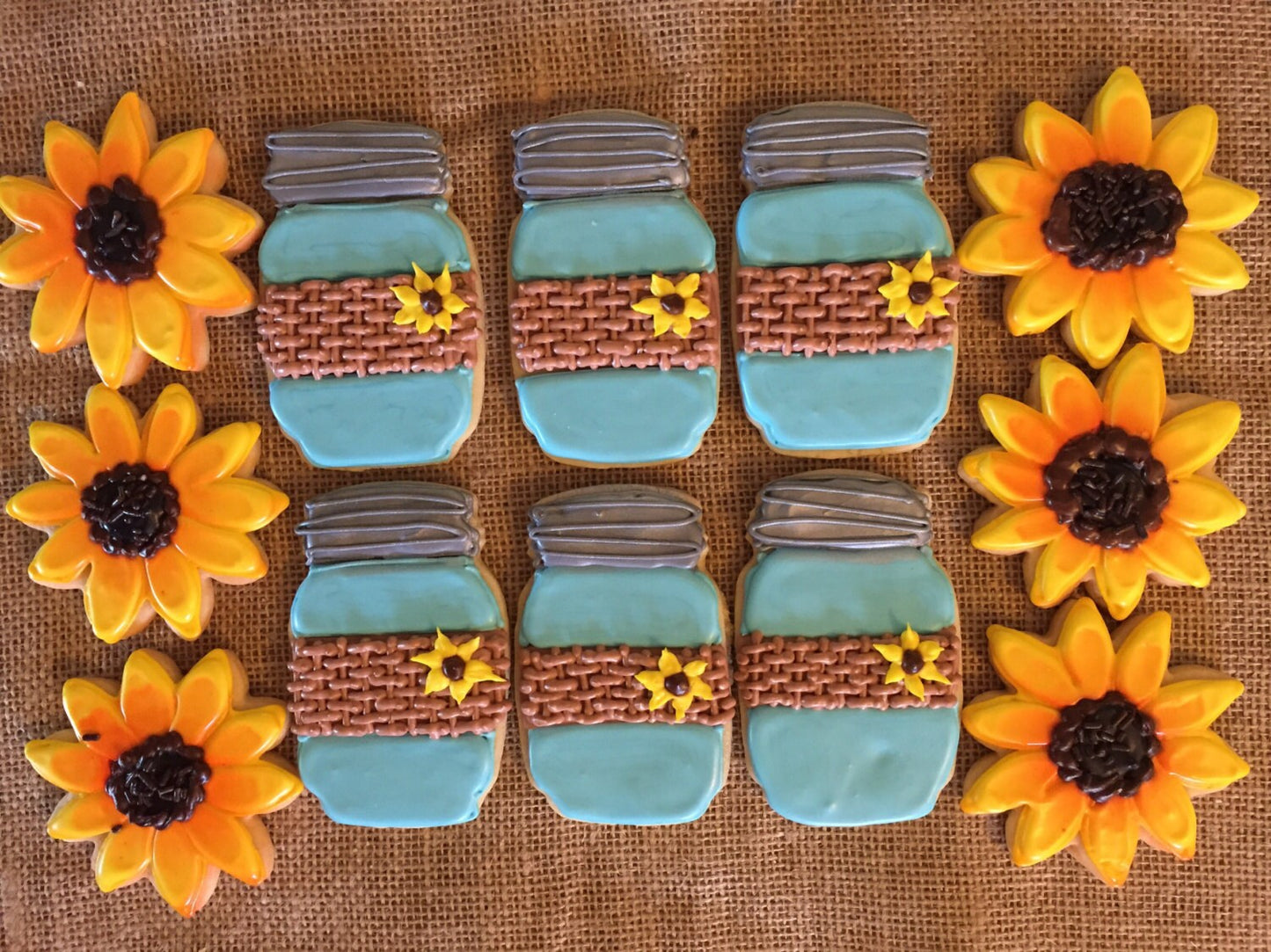 Rustic Burlap Mason Jars and Sunflower Sugar Cookies Large Party Favors