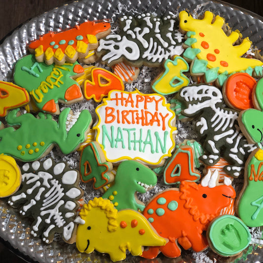 Dinosaur sugar cookie birthday party tray